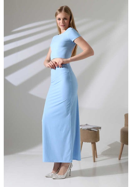 Kadın Mavi Sırt Dekolteli Uzun Etek Takım MSC498 indirimleri