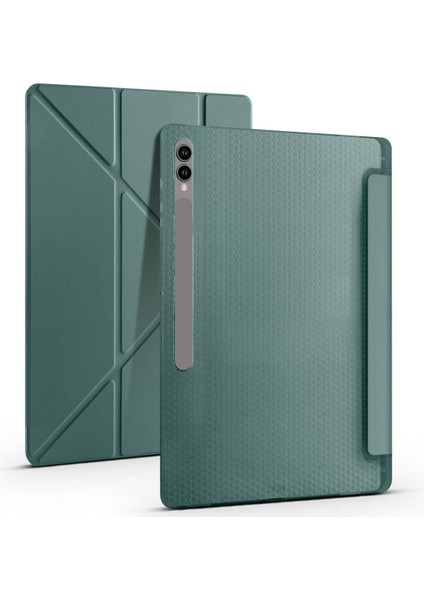 Samsung Galaxy Tab S9 Ultra Kılıf Uyumlu Zore Tri Folding Kalem Bölmeli Standlı Kılıf-Koyu Yeşil