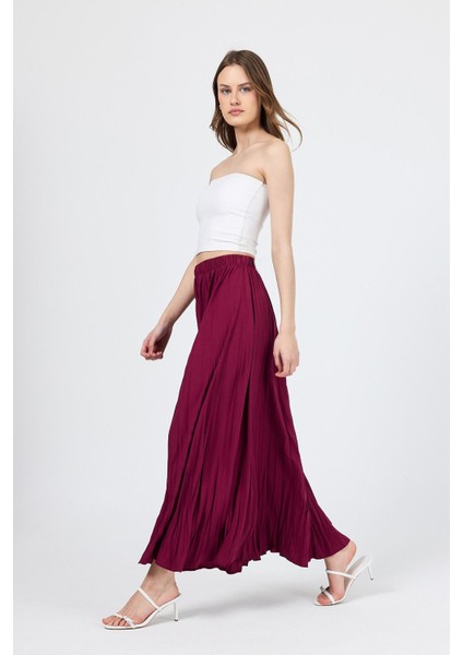 Bordo Beli Lastikli Kırışık Kumaş Etek 4692A