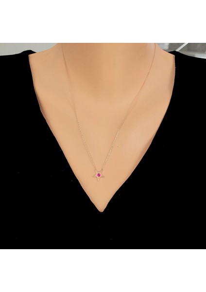 925 Ayar Rose Gümüş Kırmızı Taşlı Yıldız Kolye