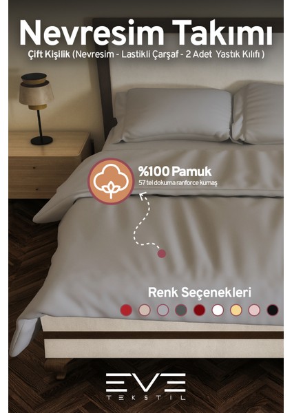 Pamuk Ranforce Çarşaflı Yastık ve Yorgan Kılıflı Çift Kişilik Nevresim Takımı 200 x 220 cm