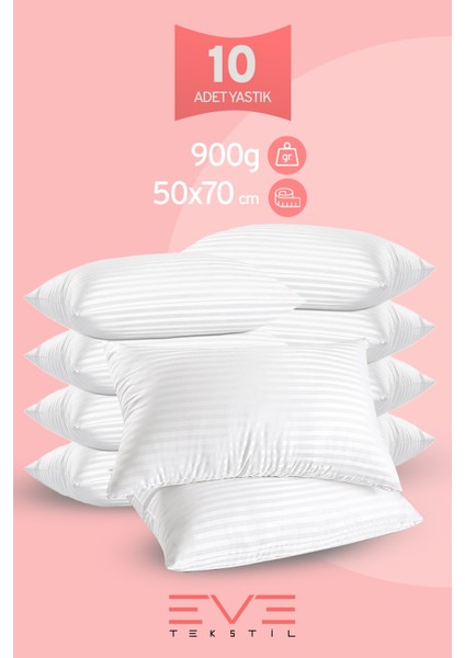 10 Adet Çizgili Saten Fermuarlı Antialerjik Yıkanabilir Silikon Elyaf Yüksek Dolgulu Yastık 900 gr