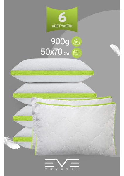 6 Adet Yeşil Serisi Kılıflı Fermuarlı Klimali Antialerjik Silikon Nano Elyaf Yastık 50x70cm