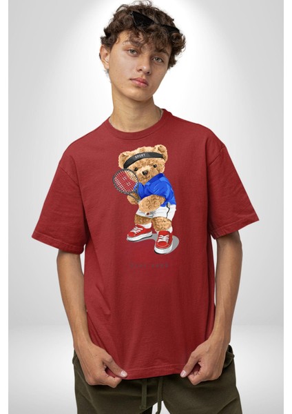 Tenisçi Tatlı Oyuncak Ayı Kadın Erkek Ön Baskılı Kırmızı Pamuklu Tişört Penye Klasik