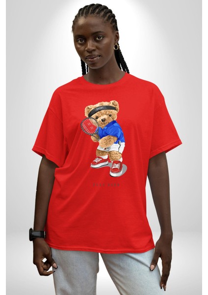 Tenisçi Tatlı Oyuncak Ayı Kadın Erkek Ön Baskılı Kırmızı Pamuklu Tişört Penye Klasik fiyatları