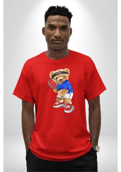 Tenisçi Tatlı Oyuncak Ayı Kadın Erkek Ön Baskılı Kırmızı Pamuklu Tişört Penye Klasik modelleri