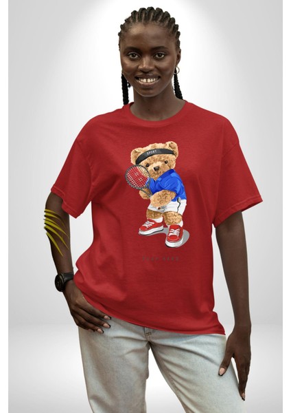 Tenisçi Tatlı Oyuncak Ayı Kadın Erkek Ön Baskılı Kırmızı Pamuklu Tişört Penye Klasik fırsatları