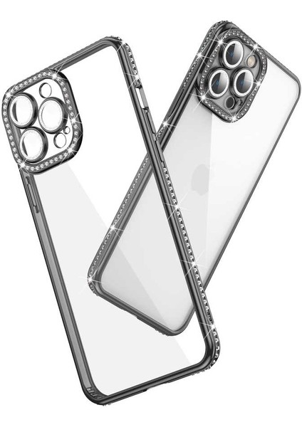 Apple iPhone 12 Pro Kılıf Kamera Korumalı Taşlı Ardx Mina Kapak-Gümüş