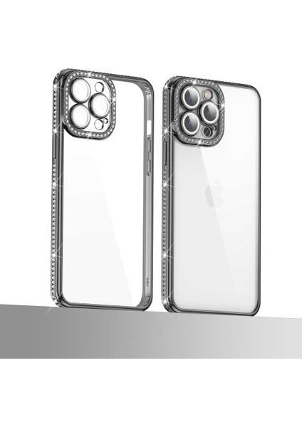Apple iPhone 12 Pro Kılıf Kamera Korumalı Taşlı Ardx Mina Kapak-Gümüş