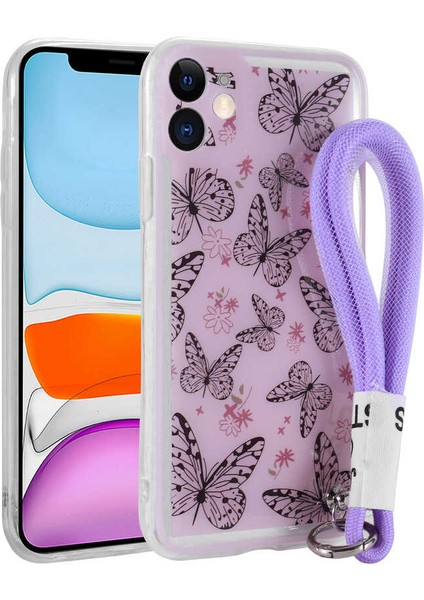iPhone 11 Uyumlu Desenli El Askılı Ipli Ardx Astana Silikon Kapak-Kelebek