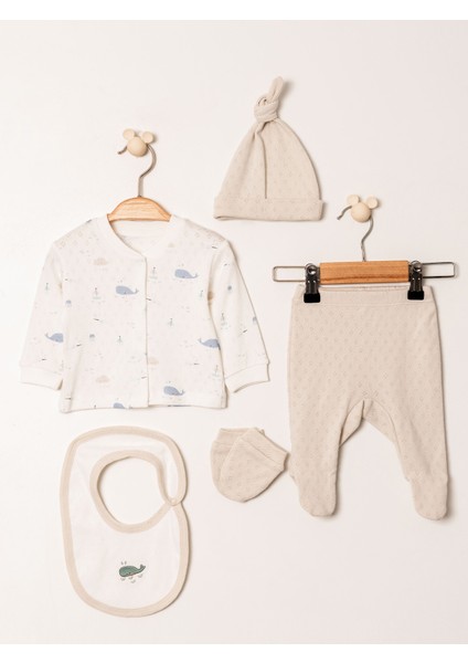 KD53459 Jakarlı Baskılı Erkek Bebek 5'li Hastane Çıkışı Seti (0-1 / 1-3 Ay)