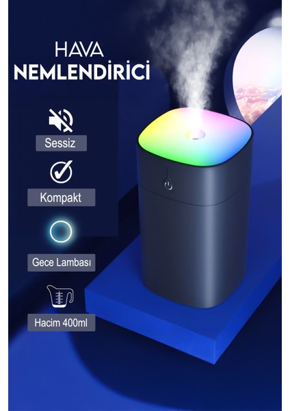 400 ml Ultrasonik Hava Nemlendirici ve Aroma Difüzörü- LED Işıklı Buhar Makinesi Siyah