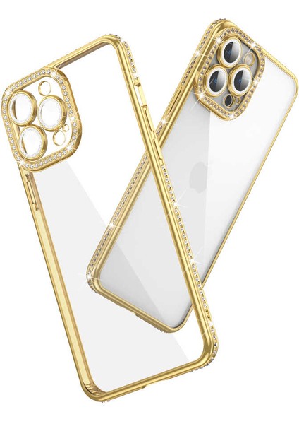Apple iPhone 13 Pro Uyumlu Kamera Korumalı Taşlı Ardx Mina Kapak-Rose Gold