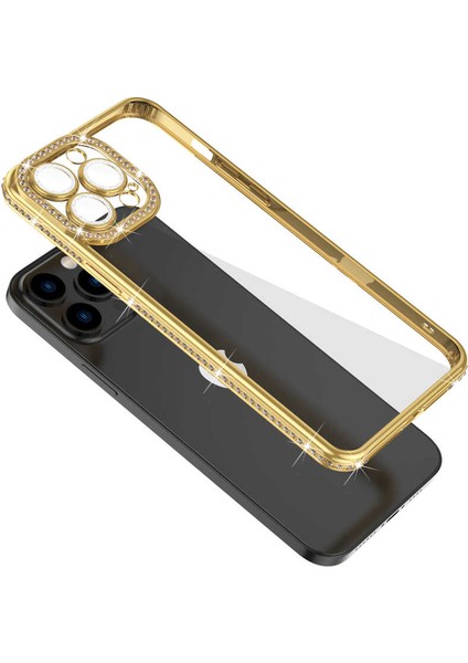 Apple iPhone 13 Pro Uyumlu Kamera Korumalı Taşlı Ardx Mina Kapak-Rose Gold