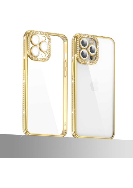 Apple iPhone 13 Pro Uyumlu Kamera Korumalı Taşlı Ardx Mina Kapak-Rose Gold