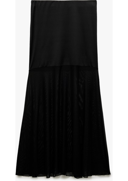 Slim Fit Standart Bel Transparan Tül Detaylı Uzun Etek
