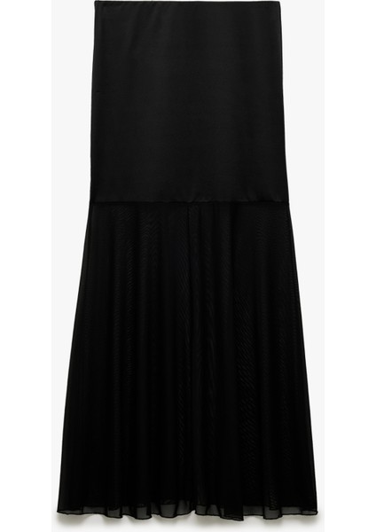 Slim Fit Standart Bel Transparan Tül Detaylı Uzun Etek