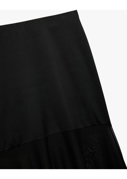 Slim Fit Standart Bel Transparan Tül Detaylı Uzun Etek