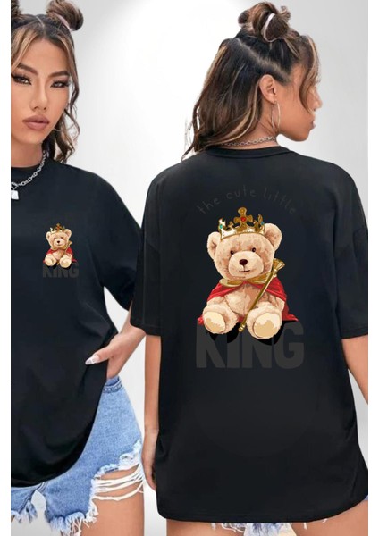 Kral Taçlı Oyuncak Ayı Kadın Erkek Ön Minimal Sırt Baskılı Siyah Pamuklu Tişört