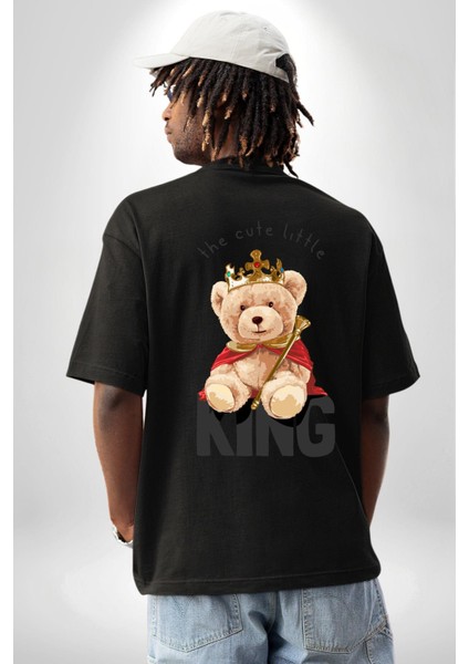 Kral Taçlı Oyuncak Ayı Kadın Erkek Ön Minimal Sırt Baskılı Siyah Pamuklu Tişört fiyatları