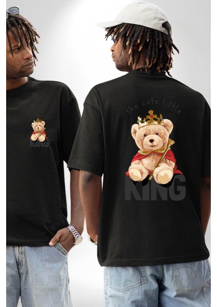 Kral Taçlı Oyuncak Ayı Kadın Erkek Ön Minimal Sırt Baskılı Siyah Pamuklu Tişört fırsatları
