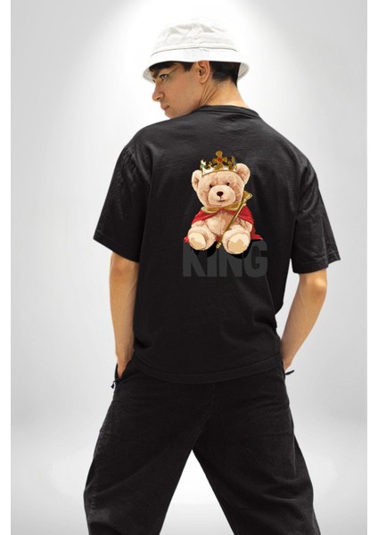 Kral Taçlı Oyuncak Ayı Kadın Erkek Ön Minimal Sırt Baskılı Siyah Pamuklu Tişört indirimleri