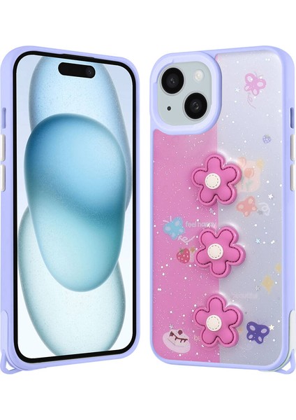 Apple iPhone 14 Plus Kılıf Parlayan Sıvılı Simli Kabartma Figürlü Ardx Cevze Kapak-Mor Papatya
