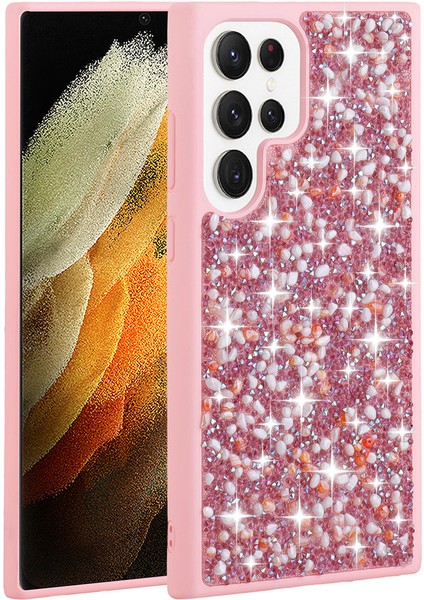 Samsung Galaxy S23 Ultra Kılıf Parlak Taşlı Tasarım Ardx Linea Kapak-Pembe