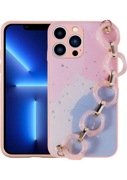 Apple iPhone 12 Pro Max Kılıf Simli Desenli El Askılı Tutacaklı Ardx Elsa Silikon Kapak-Pembe