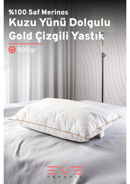 Merinos Kuzu Yünlü Gold Çizgili Fermuarlı Doğal Yastık 50 x 70 cm