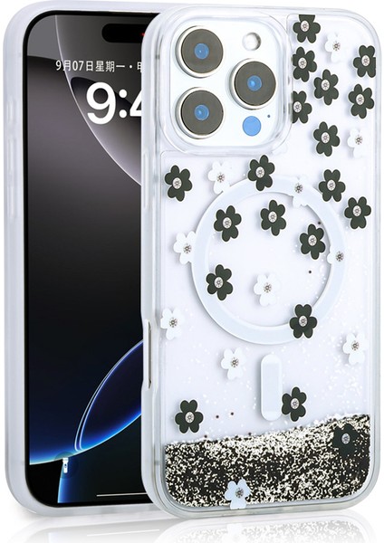 Apple iPhone 15 Pro Max Uyumlu Kılıf Sıvılı Simli Baskılı Şeffaf Arka Yüzey Ardx Mossa Silikon Kapak-Siyah
