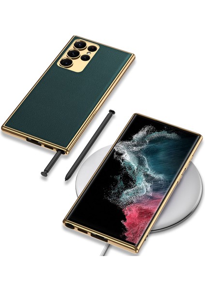 Samsung Galaxy S23 Ultra Kılıf Deri Görünümlü Kenarları Elektroplating Kaplama Ardx Fizyon Kapak-Siyah
