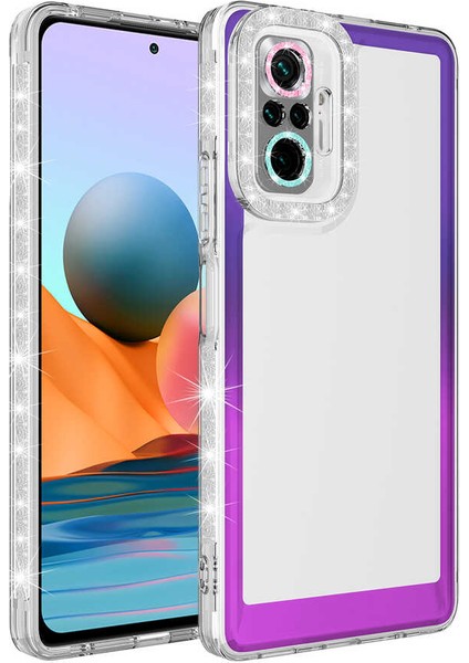 Xiaomi Redmi Note 10 Pro Kılıf Simli ve Renk Geçiş Tasarımlı Lens Korumalı Akav Park Kapak-Mor-Pembe