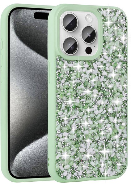 Apple iPhone 15 Pro Kılıf Parlak Taşlı Tasarım Ardx Linea Kapak-Açık Yeşil