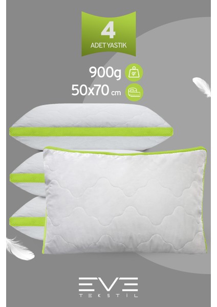 4 Adet Yeşil Serisi Kılıflı Fermuarlı Klimali Antialerjik Silikon Nano Elyaf Yastık 50 x 70 cm