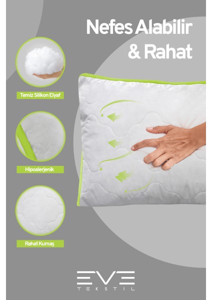 4 Adet Yeşil Serisi Kılıflı Fermuarlı Klimali Antialerjik Silikon Nano Elyaf Yastık 50 x 70 cm fırsatları