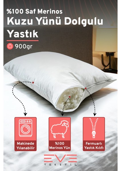 Merinos Kuzu Yünlü Antialerjik Yıkanabilir Fermuarlı Doğal Yastık 50 x 70 cm 900 gr