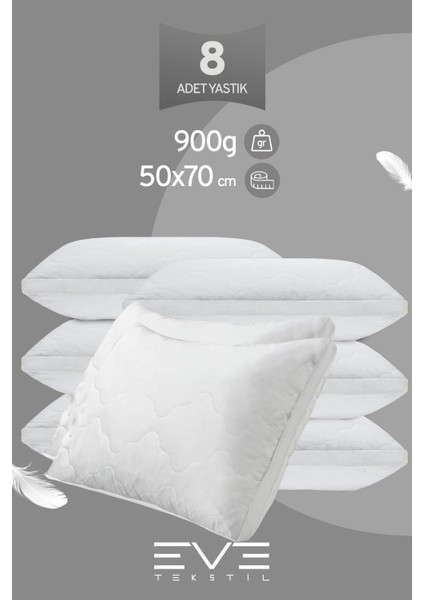 8 Adet Klimax Beyaz Serisi Kılıflı Fermuarlı Klimali Antialerjik Silikon Nano Elyaf Yastık 50 x 70 cm