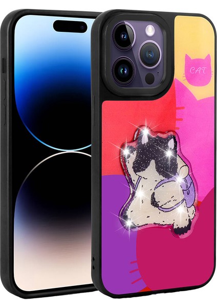 Apple iPhone 14 Pro Max Kılıf Parlayan Kabartmalı Ikonik Figürlü Ardx Amas Silikon Kapak-Mor