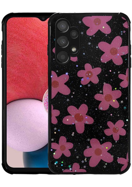 Samsung Galaxy A13 4g Kılıf Simli Desenli Kamera Korumalı Parlak Akav Popy Kapak-Çiçek