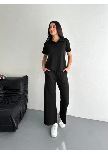 Osy Modal Yumuşak Dokulu Kumaş Kısa Kollu Yakalı T-Shirt Pantalon Ikili Takım- Siyah modelleri