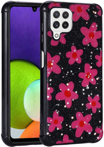 Samsung Galaxy A22 4g Kılıf Simli Desenli Kamera Korumalı Parlak Akav Popy Kapak-Çiçek
