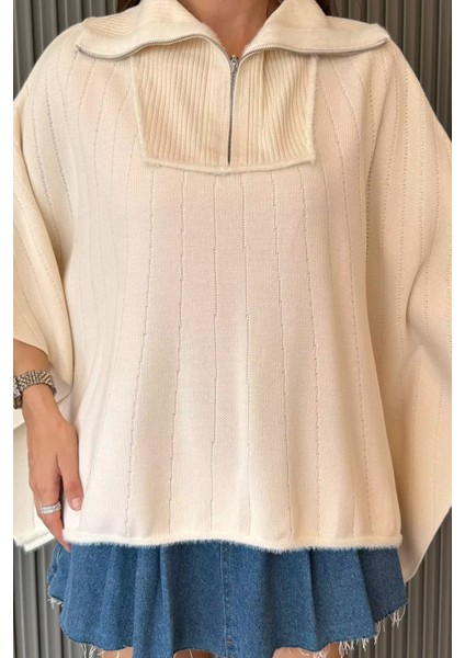 Kadın Yarım Fermuarlı Kendinden Desenli Triko Panço P-00012731 modelleri