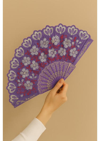 Mor Dantelli Gelin Yelpazesi Kına, Düğün, Bekarlığa Veda, Nedime Aksesuarı (42 x 24 cm )