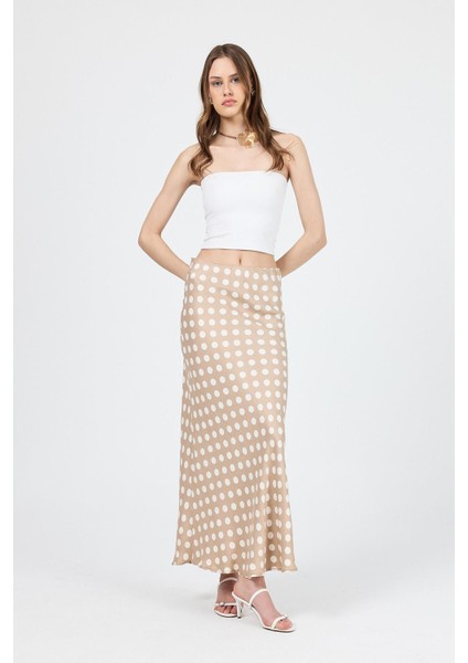 Bej Puantiye Desen Saten Midi Etek 9416