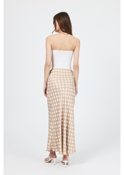 Bej Puantiye Desen Saten Midi Etek 9416 indirimleri