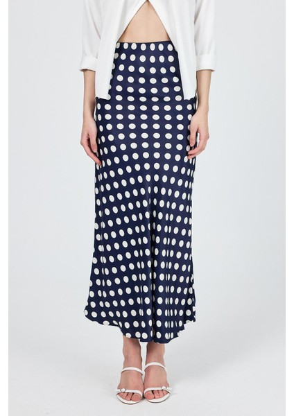 Lacivert Puantiye Desen Saten Midi Etek 9416 fiyatları