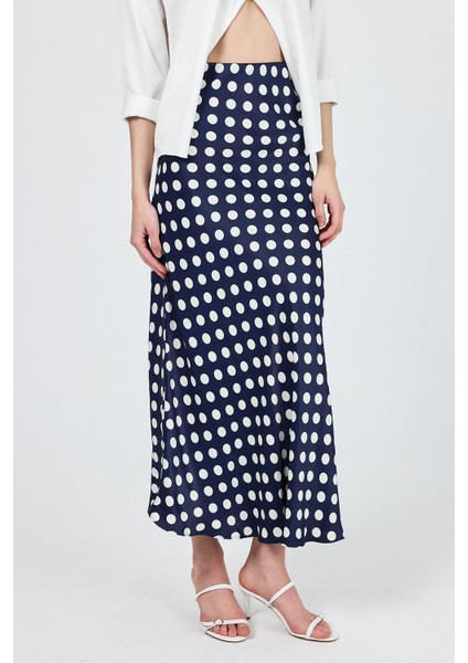 Lacivert Puantiye Desen Saten Midi Etek 9416 modelleri