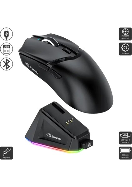 Kablosuz (3 Modlu) 24.000DPI Oyuncu Mouse PAW3311 Sensör Şarj Istasyonlu Grip Tape ve Skatez Hediye