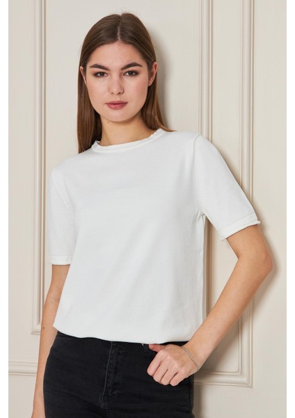 Kadın Bisiklet Yaka Kısa Kollu Triko Bluz Basic Bluz 25222